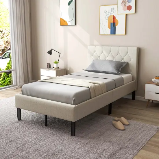 Costway Upholstered Platform Bed Twin Size Button Tufted Headboard Wooden Slats Support {1}
