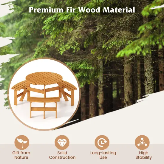 Costway 6-Person Round Picnic Table Set with 3 Built-in Benches 2" Umbrella Hole, Brown/Yellow {4}