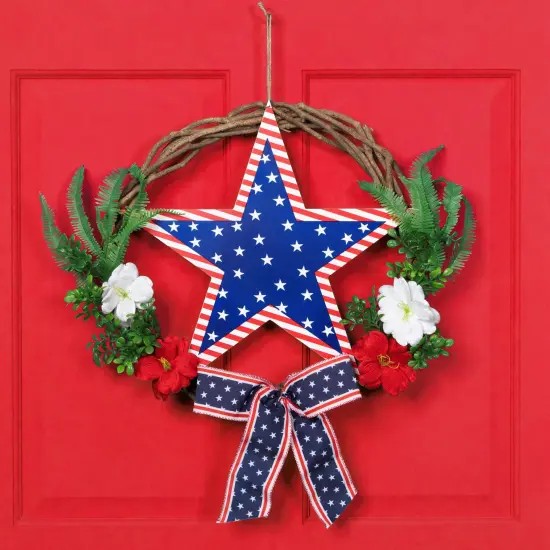 Northlight Americana Star Floral Twig Wreath - 24" Blue {1}