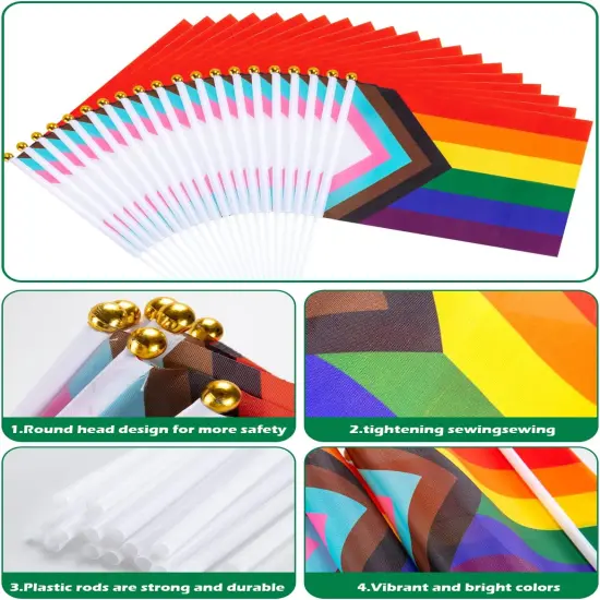 50 Pack Progress Rainbow Pride Small Hand Held Flag for Parades, Gay Stick USA American Rainbow Festival {3}