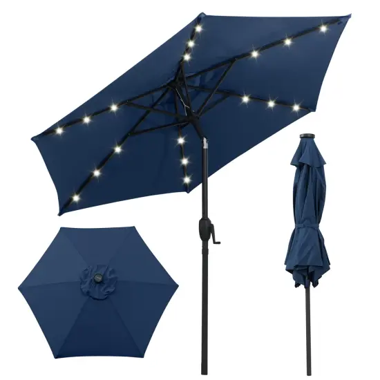 Costway 7.5 ft Solar Powered Patio Umbrella with LED Lights Push Button Tilt Crank Handle Beige/Gray/Navy/Black/Brown/Red {2}