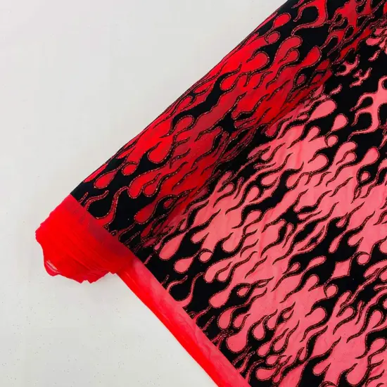 1 Yard Power Mesh Fabric with Black Flocked Flame and Red Glitter Design 60 Inch Width Lime Green {7}