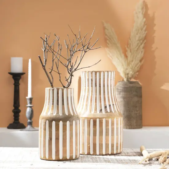 Decorative Handcrafted Accent Wood Vase In White & Brown Color {6}