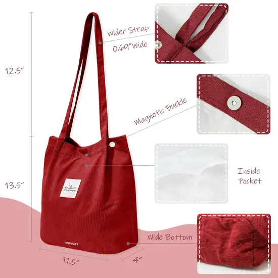 Wrapables Carry Joy Corduroy Tote Bag, Casual Shoulder Handbag, Red {2}