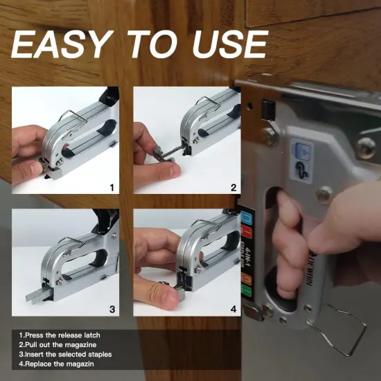 Upholstery Staple Gun Heavy Duty, 4 in 1 Stapler Gun with 2000 Staples, Remover, Manual Brad Nailer Power Adjustment Stapler Gun for Wood, Upholstery, Carpentry, Decoration DIY Staple Gun {4}