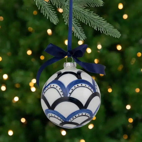 Northlight Scallop Glass Christmas Ball Ornament - 4" - White and Blue {1}