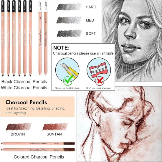 22pcs Charcoal Drawing Set, Professional Art Supplies, Black & White Charcoal {3}