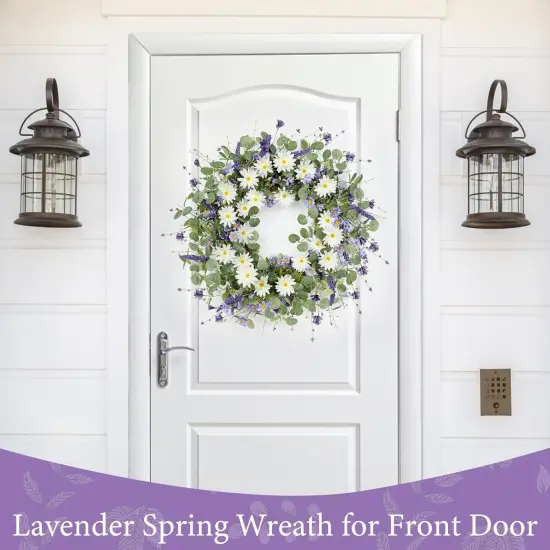 Spring Wreaths for Front Door with Lights Timer, Handmade Floral Wreath with Lavender, Daisy & Eucalyptu {3}