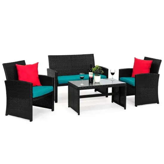 Best Choice Products 4-Piece Outdoor Wicker Patio Conversation Furniture Set w/ Table, Cushions Black/Teal {1}