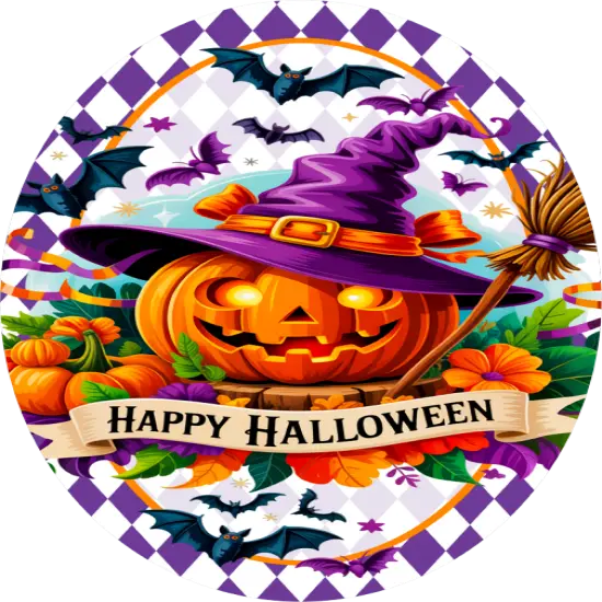 Purple Happy Halloween Pumpkin Oval Sign {1}