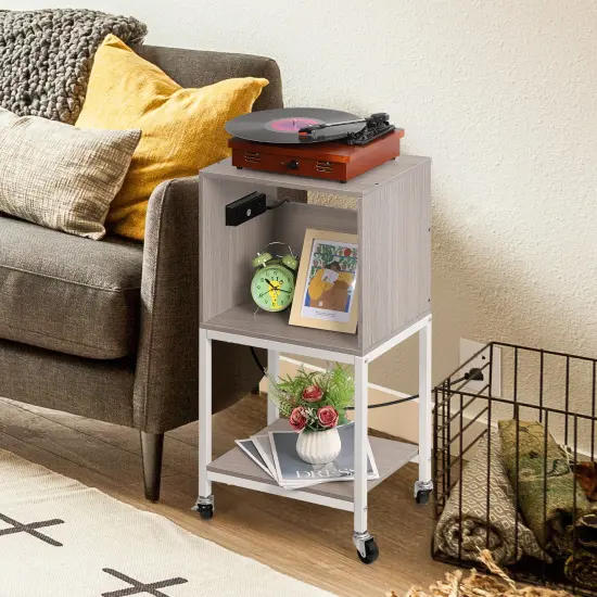 Record Player Table with USB Ports and Outlets Turntable Stand Cabinet {6}
