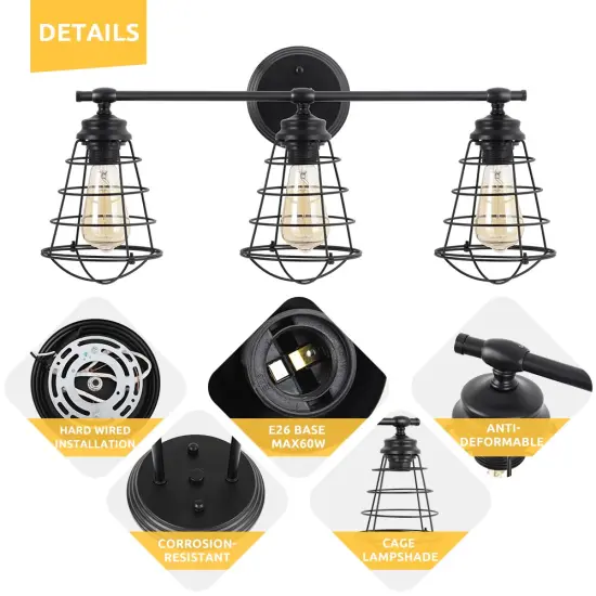 Wall-Mounted Industrial 3-Head Birdcage Lamp Vintage Wrought Iron Sconce for Bathroom, Living Room, or Entryway {3}