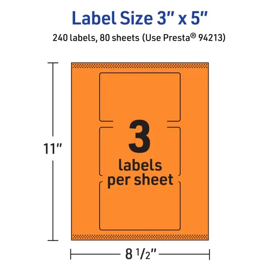 Avery Bright Orange Paper Labels, 3" x 5" Rectangle {5}