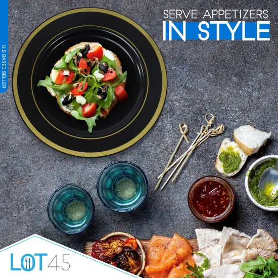 Lot45 Black and Gold Plastic Plates 7.5 Inch - Black Plastic Plates Bulk 100pk {6}