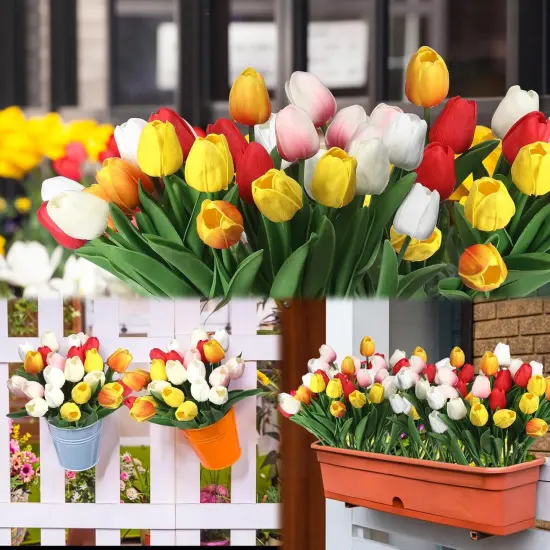 20 Pcs Artificial Flowers with Vase, 14 inch Faux Tulip Flowers Bouquet in Glass Vase {4}