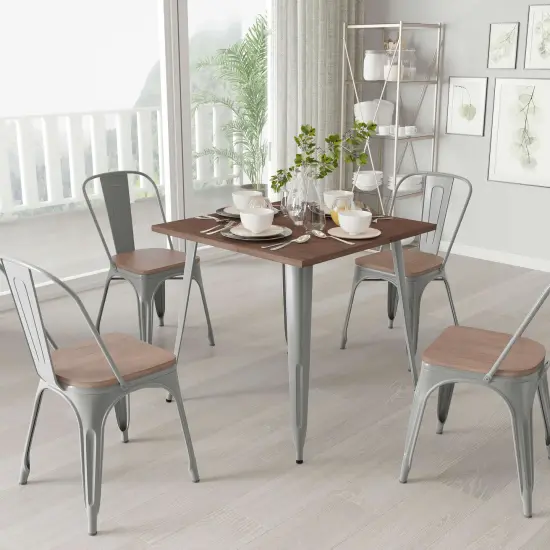 Merrick Lane Modern 31.5" Square Metal Table with Rustic Wood Top for Indoor Use Black {7}