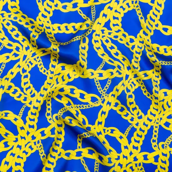1 Yard Silk Charmeuse Chain Print Italian Made Egyptian Blue, Yellow & Gold, 55 Inches Wide {1}