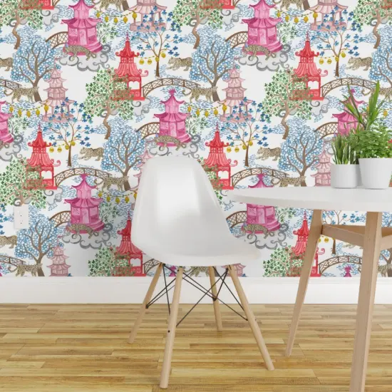 Pre-Pasted Wallpaper 2FT Wide Chinoiserie Pagoda Leopards Bright Whimsical Maximalist Kids Room Custom Pre-pasted Wallpaper by Spoonflower {1}
