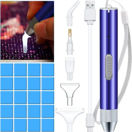 Diamond Painting Pen Point Drill Pen with Light 5D DIY Diamond Painting Tool with 20 Pieces Painting Glue Clay 5 Pieces Replacement Pen Heads for DIY Painting Craft (Blue) {1}