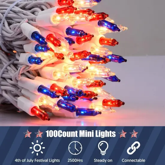 4th of July Decorations Patriotic Lights 100 Count Mini Red White Blue Incandescent Bulb Plug in Independence Day Lights for Indoor Outdoor Home Garden Patriotic Theme Memorial Day Decorations {2}