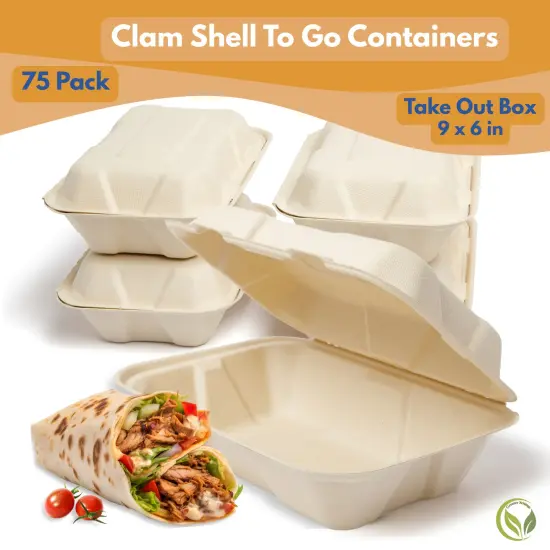 Greener Settings 75-Pack Compostable 9x6 Inch Clamshell Food Containers, Disposable Heavy-Duty Bagasse To-Go Boxes, Microwavable, Recyclable, Freezer Safe for Nachos, Wings, Cookies, Meals {2}