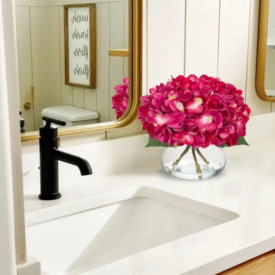 Hydrangea Artificial Flowers with Glass Vase Fuchsia Silk Faux Flowers Arrangements in Vase with Faux Water Fake Floral Bulk Bouquet for Home Decor Table Centerpiece Decorations {2}
