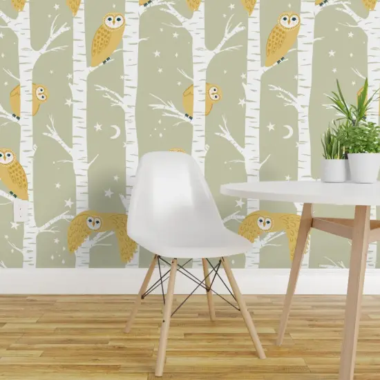 Peel & Stick Wallpaper 2FT Wide Woodland Trees Owls Moon Stars Nursery Baby Kids Nature Birch Sage Yellow Gender Neutral Forest Animals Creature Birds Crescent Custom Removable Wallpaper by Spoonflower {1}