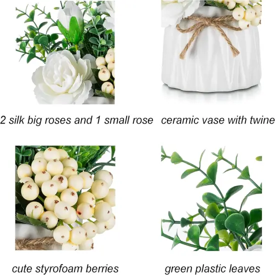 Table Decor Artificial Flowers Vase Small Fake Flower White Arrangement 2pcs Floral Arrangement for Tables centerpieces Kitchen Dining Room Decorations Faux Flower in Vase Silk Roses {4}