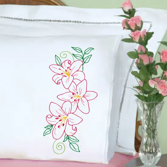 Jack Dempsey Stamped Pillowcases W/White Lace Edge 2/Pkg-Lillies {3}