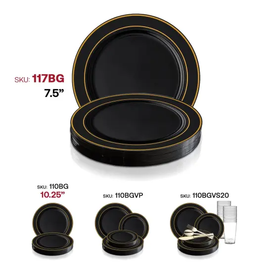 Black with Gold Edge Rim Plastic Appetizer/Salad Plates - 7.5" (120 Plates) {6}