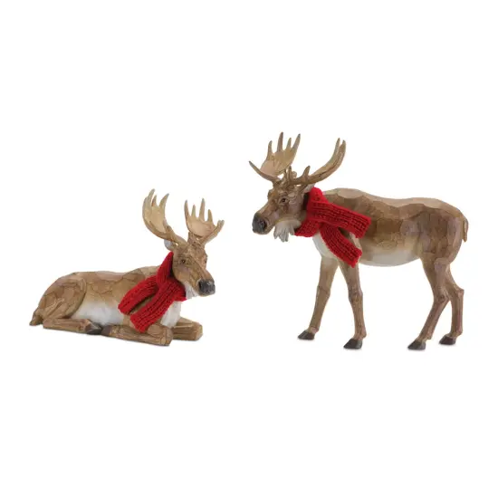 Melrose Carved Winter Moose with Scarf Christmas Tabletop Decoration - 10.25" - Set of 2 Brown {1}