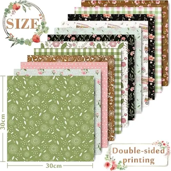 12 Designs Spring Pattern Paper 24 Sheet Plaid Floral Scrapbook Paper Pink Double-Sided Collection Decorative Craft Paper Folded Flat for Card Making Scrapbook Photo Album Decor, 30 x 30cm {2}