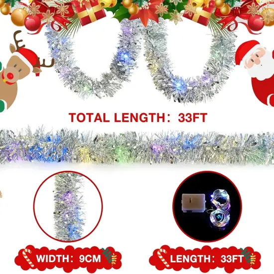 33FT Prelit Christmas Tinsel Garland Silver Metallic Twist Tinsel Garland with LED Lights Battery Operated Hanging Garland Decoration for Christmas Tree Stairs Mantle Decoration {4}