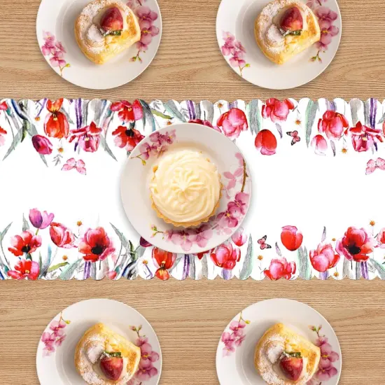 Spring Floral Table Runner with Red Tulip and Butterfly Design &ndash; Elegant Spring and Summer Table D&eacute;cor, Scalloped Edges for Dining and Coffee Table Centerpiece Decoration &ndash; 72 Inches Long {3}