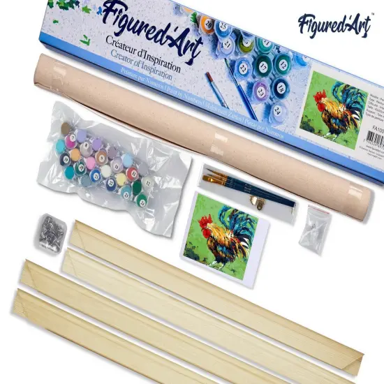 Figured'Art Paint by Numbers Kit for Adults Rooster 16"x20" - Craft Art Painting Rolled Canvas with DIY wooden frame {5}