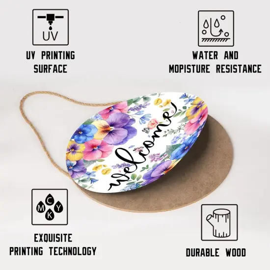 Pansy Flowers Butterfly Wooden Sign 12"x 12" Round Spring Hanging Door Sign Decoration {3}