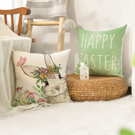 Set of 4 Happy Easter "Hunny Bunny" Green Throw Pillow Covers – 18" x 18" Spring Cushion Cases for Sofa & Couch {5}