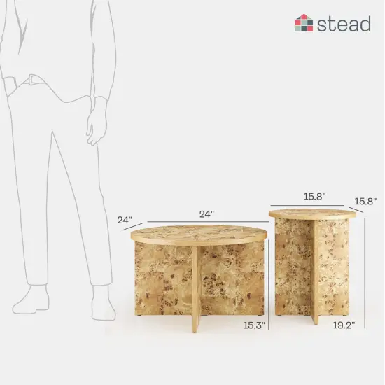 Burl Wood Round Nesting Coffee Tables - Modern Living Room Furniture - Organic Modern Drink Desk - Stylish Home Decor - 2 Piece Tables Set - Burl Top and Base {2}