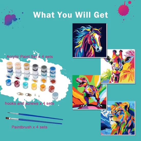 4 Pack Paint by Numbers Kit for Kids, Horse Color By Number Painting Kits for Kids Ages 8-12 Dinosaur Paint by Numbers with Framed Canvas Children DIY Paints by Number Kits for Beginners 8x8 Inch {3}