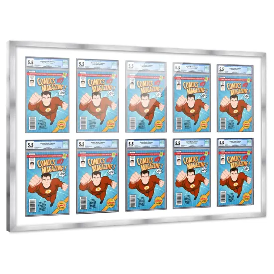 Comic Book Frame with Mat for 10 Graded Comics - Silver Wood Comic Frame With White Mat for 8.125x13 Comics - 44x28.25 Frame Size {2}