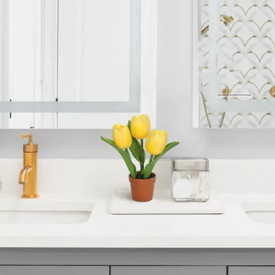 Artificial Tulip Arrangement with Terracotta-Like Plastic Pot 8 Inch Small Tulip Centerpieces Fake Potted Flowers for Shelf Table Centerpiece Wedding Home Decor {4}