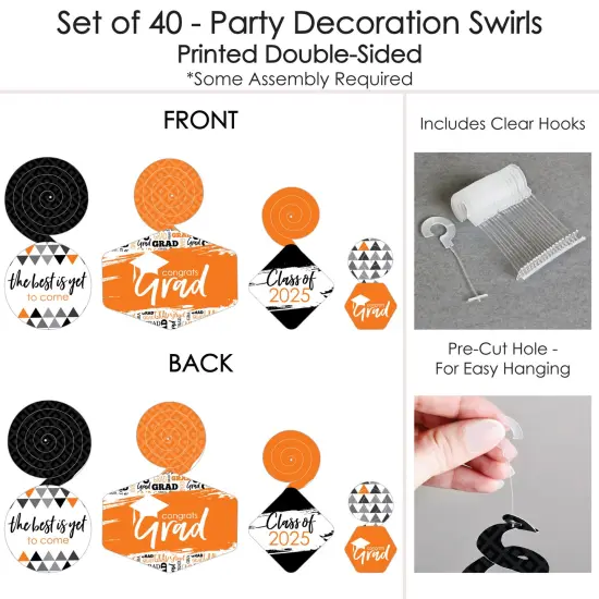 Big Dot of Happiness Orange Graduation Class of 2025 Decorations Hanging Swirls - Set of 40 {7}