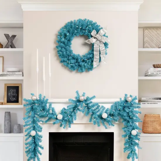 Northlight Pre-Lit Artificial Pine Christmas Wreath - 24" - Turquoise - Clear Lights Blue {4}