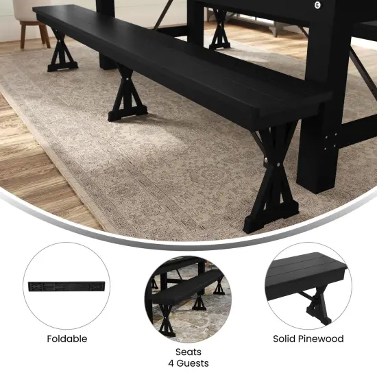 Merrick Lane Tinsley 8' x 12" Solid Pine Folding Farmhouse Style Bench, Rustic Pinewood Folding Dining Bench with Locking X-Legs Black Wash {5}