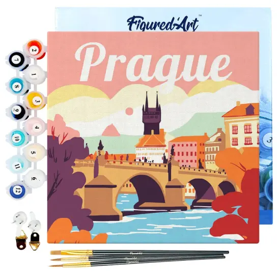 Figured'Art Mini Paint by Numbers Kit for Adults with Frame Travel Poster Prague Small format 8"x8" - Craft Art Painting DIY Canvas Already Stretched on a Wooden Frame {1}