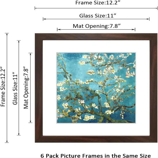 11x11 Picture Frame Set of 6 with Real Glass for Pictures 8x8 with Mat or 11x11 Without Mat, Wall Gallery or Tabletop display Photo Frames in Walnut {2}