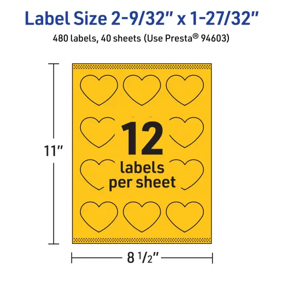 Avery Bright Yellow Paper Labels, 2-9/32" x 1-27/32" Heart {5}