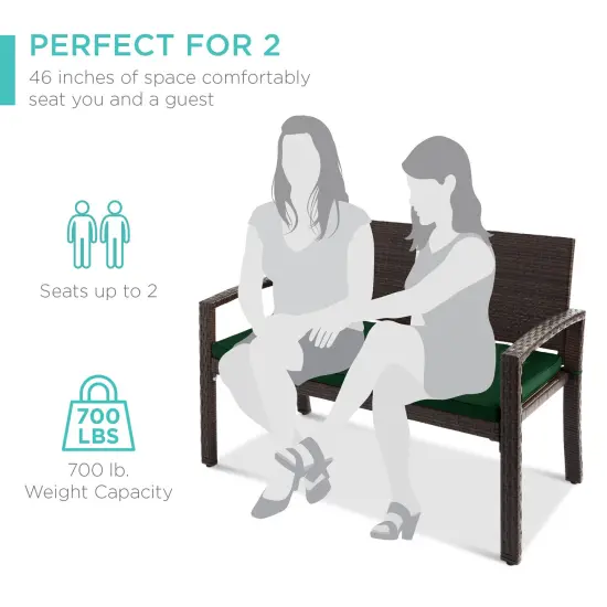Best Choice Products 2-Person Outdoor Wicker Bench Garden Patio Porch Furniture w/ 700lb Capacity, Cushion Green/Brown {6}