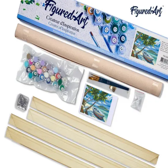 Figured'Art Paint by Numbers for Adults Boat under the Coconut trees 16"x20" - Craft Art Painting Rolled Canvas with DIY wooden frame {5}
