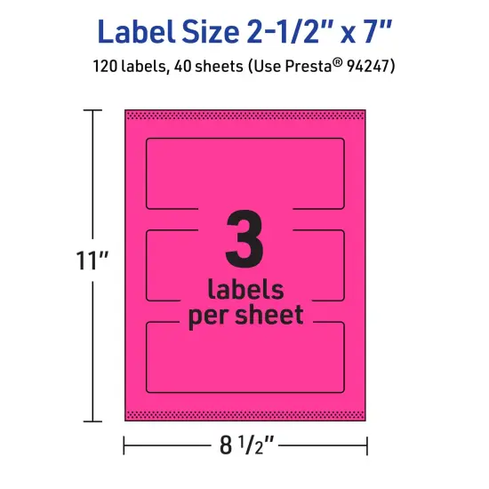 Avery Neon Magenta Paper Labels, 2.5" x 7" Rectangle {5}